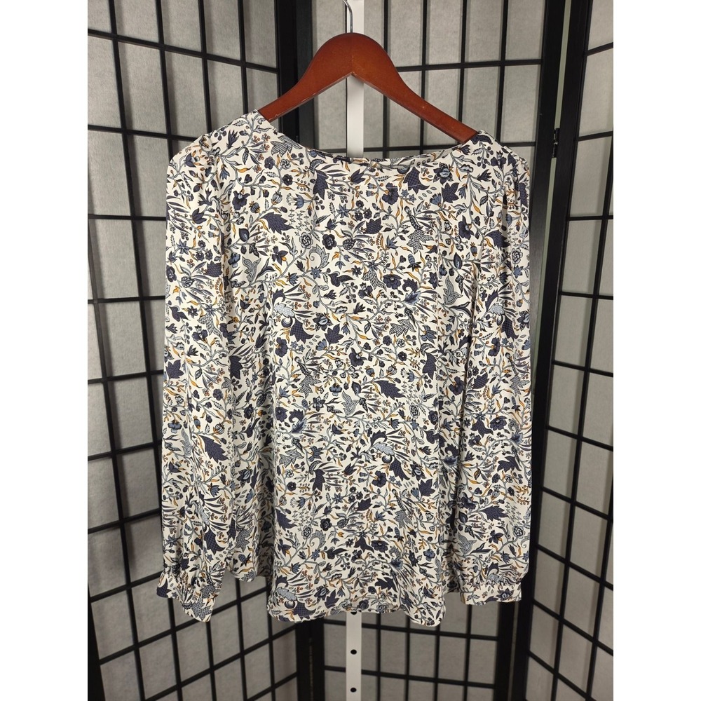 LOFT Womens Floral Long Sleeve Blouse Navy Mustard Yellow Cream Size M